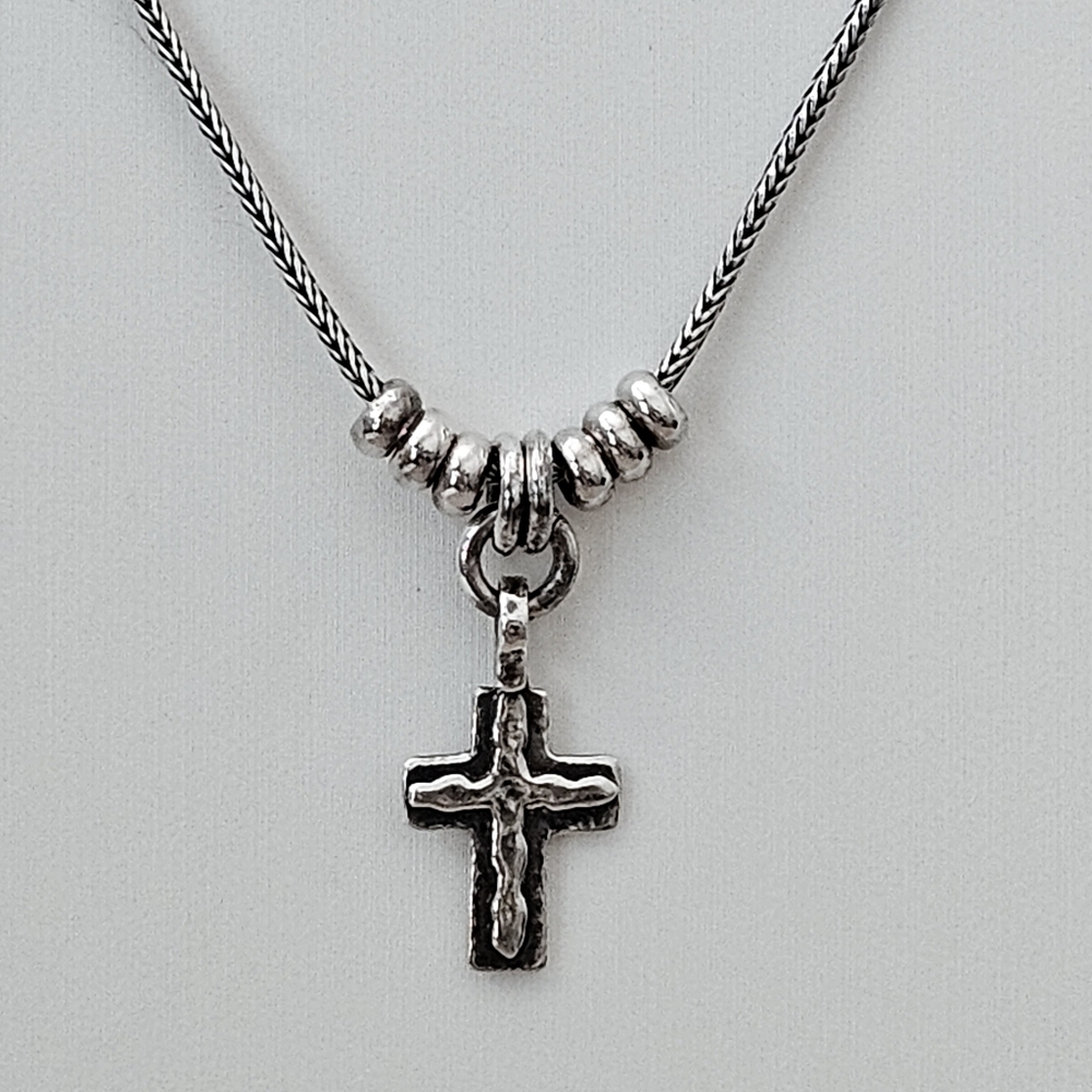 Didae Sterling Silver Cross Pendant 16-18" Necklace w/Six Oval Silver Beads